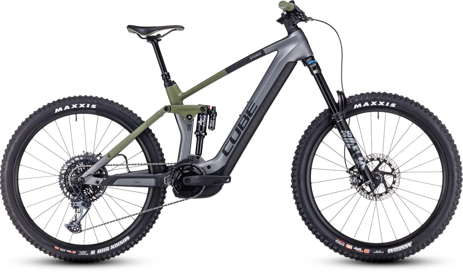 Cube Stereo Hybrid 160 HPC TM 750 27,5 cinza brilhante e verde-oliva