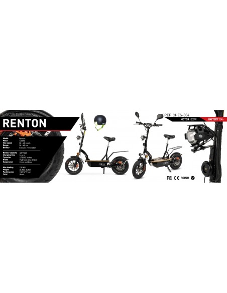 Patinete eléctrico Renton 1200 vatios con batería de litio, asiento y espacio para cesta trasera - Imagen 6